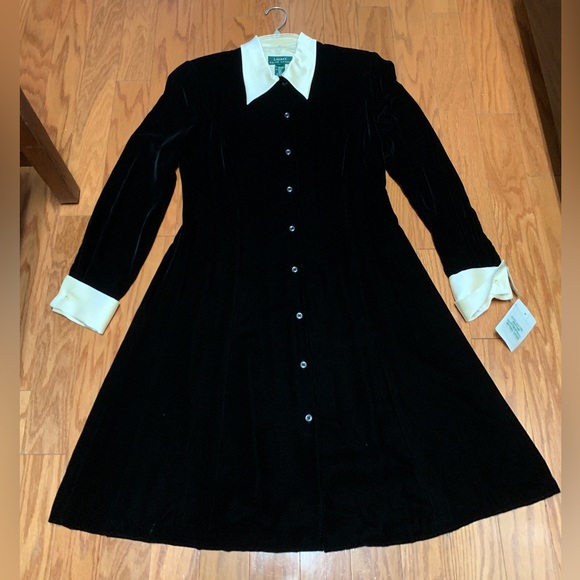 1990s Vtg Women’s 8 Collared Cuffed LAUREN RALPH LAUREN Velour Textured Dress - Picture 14 of 16